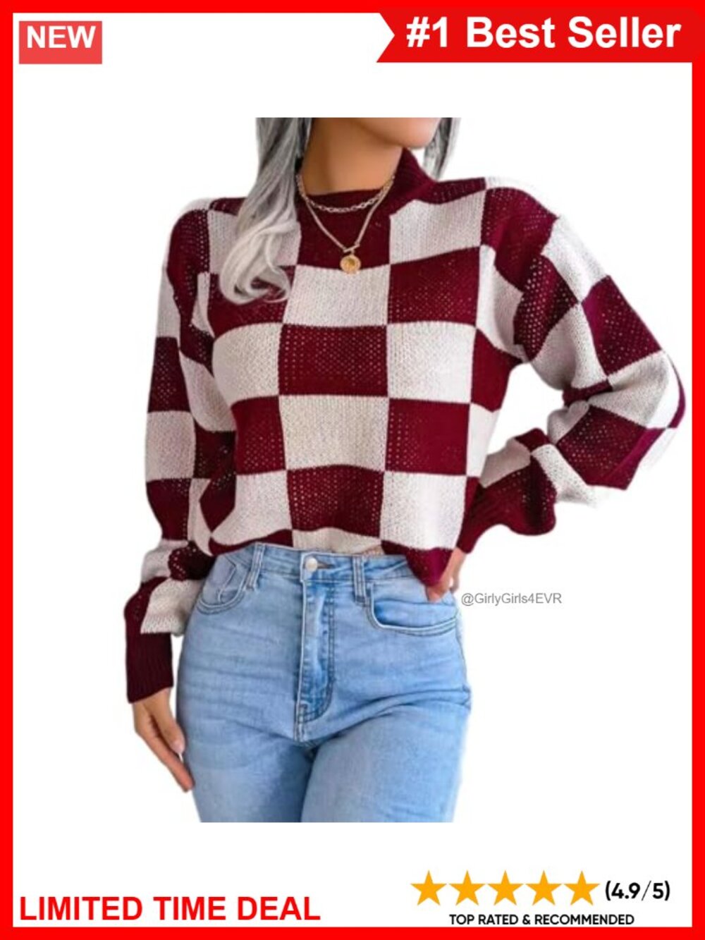 Vintage Plaid Knit Pullover Sweater Crew Neck Long Sleeve Fall Winter